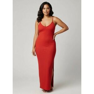 Maxi Dress Red Ribbed Spaghetti Strap Side‎ Slit Size L
